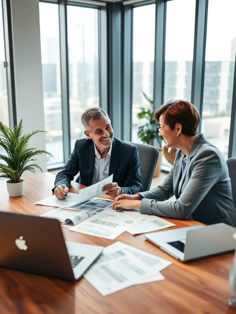 A professional business coach in a modern office setting, reviewing financial documents with a client, both smiling and engaged in a positive discussion about business growth strategies.