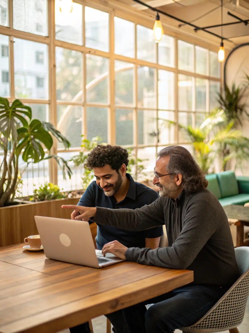An image of a mentor and entrepreneur discussing a business plan over a laptop in a modern office setting, representing Startup Growth Coaching.