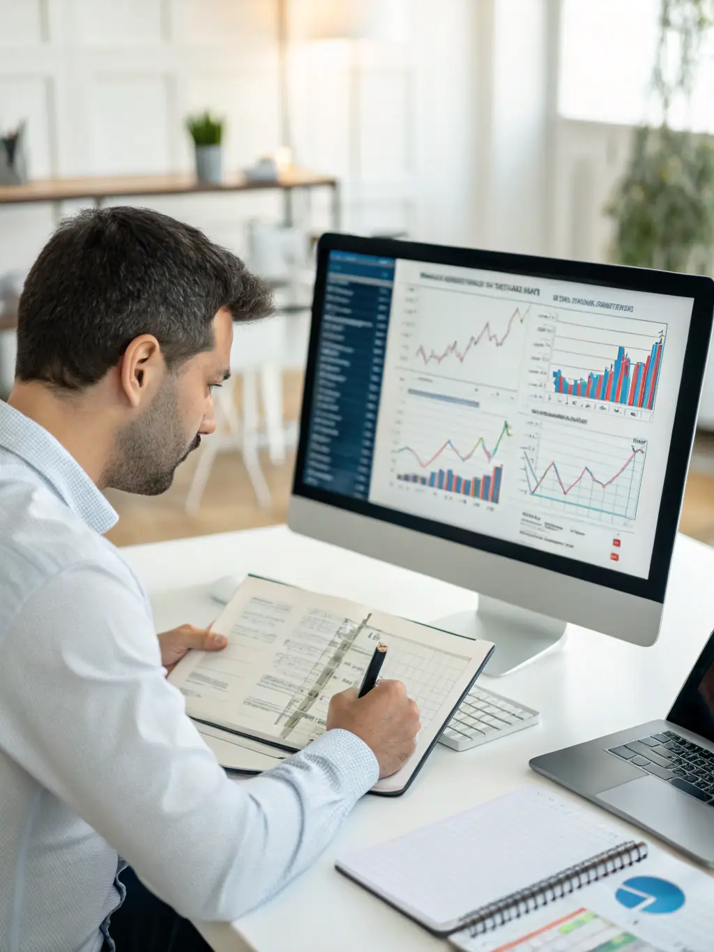 An image of a business analyst reviewing market data and trend charts on a digital tablet, illustrating Market Trends & Strategy.