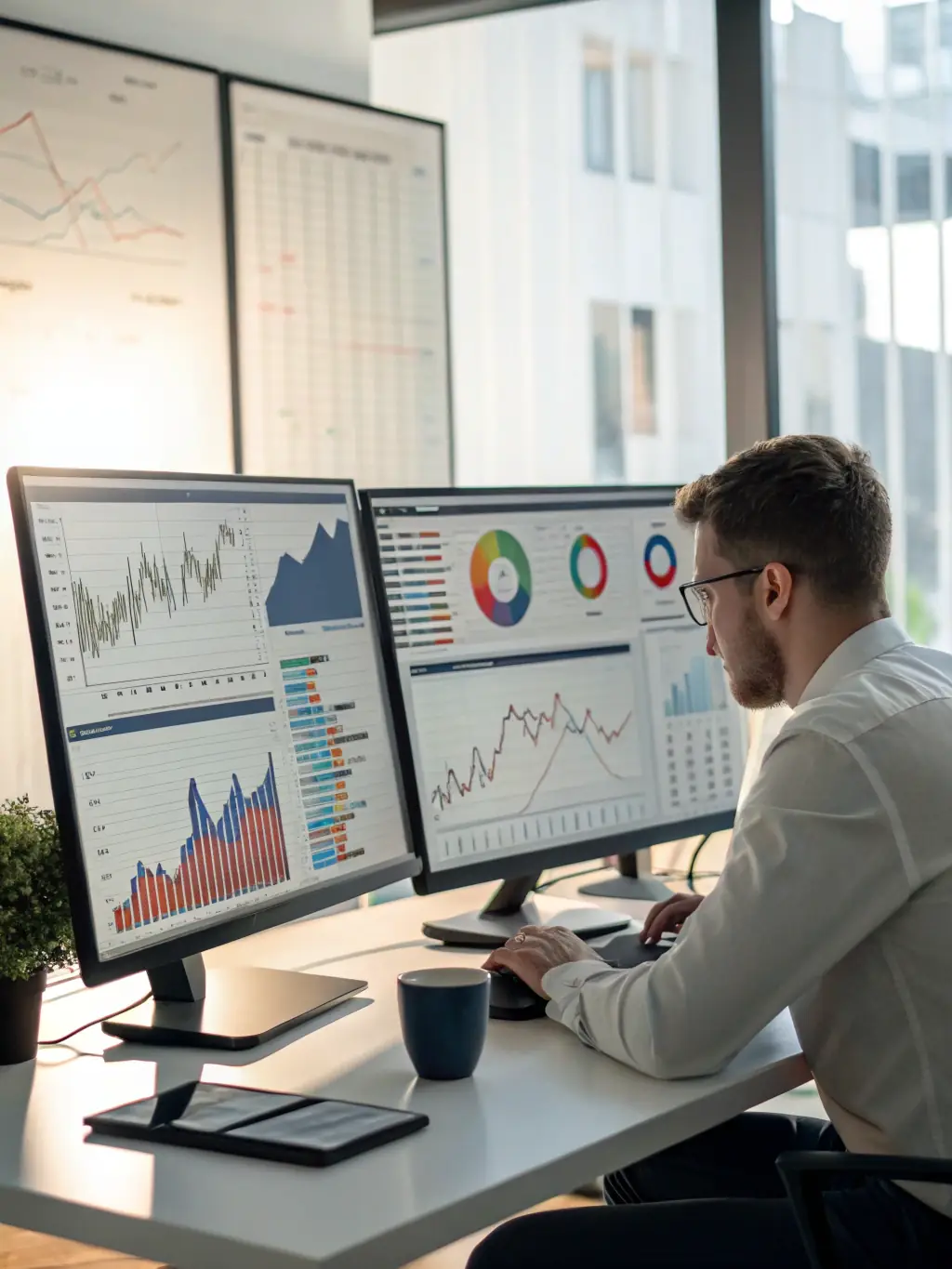 A business analyst presenting market trend data on a large screen to a client, highlighting key insights and strategic opportunities.