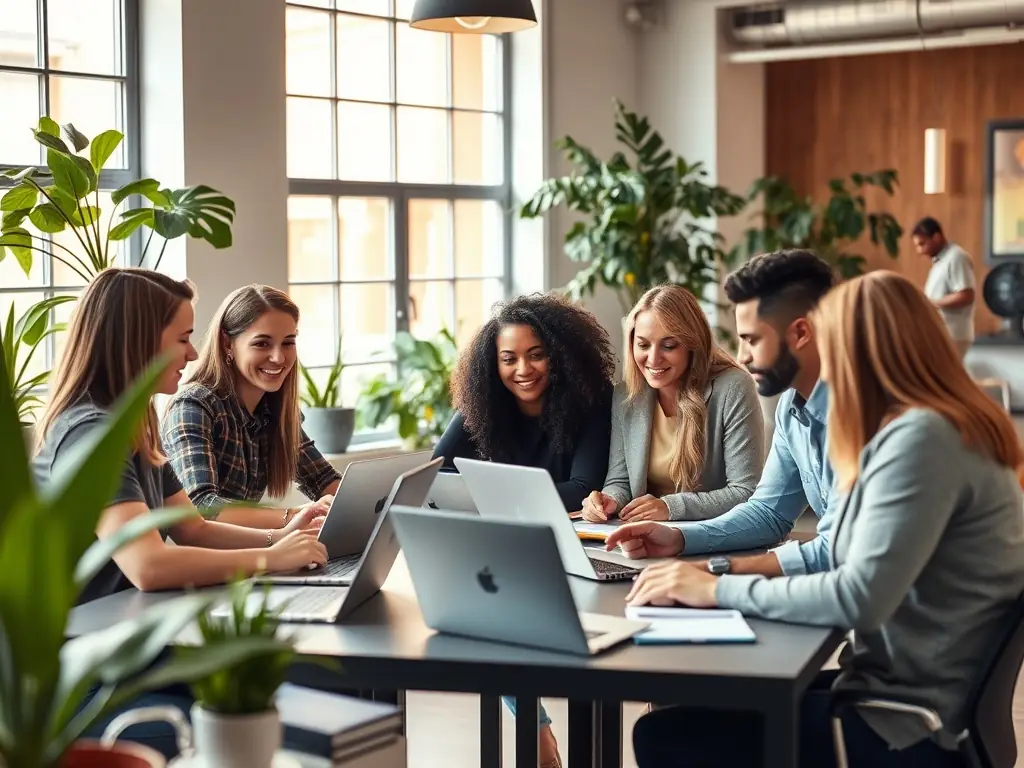 A diverse team of entrepreneurs collaborating in a co-working space in Cape Town, brainstorming ideas and working on laptops, representing the vibrant startup ecosystem in South Africa.