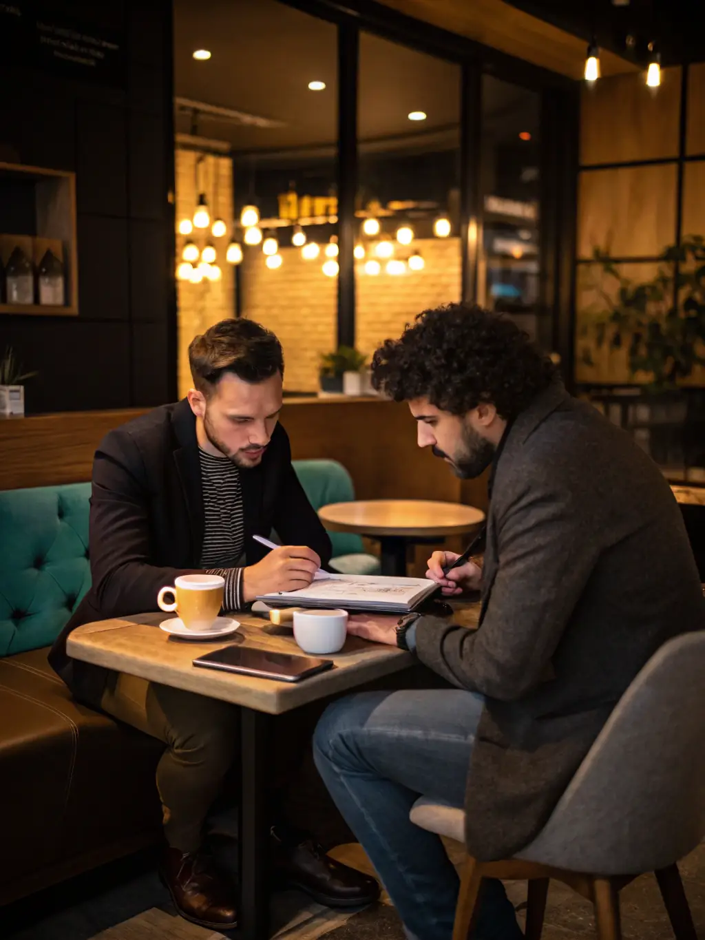 Two entrepreneurs collaborating on a business plan in a co-working space, brainstorming ideas and strategizing for future growth.