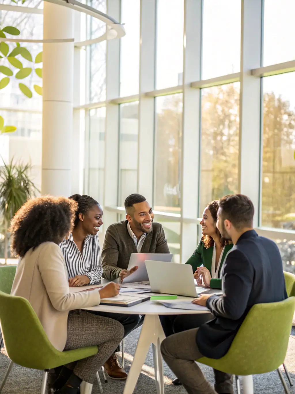A diverse group of business professionals participating in a leadership workshop, actively engaging in team-building exercises and discussions.
