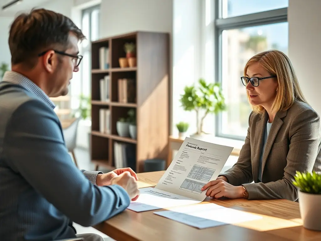 A business coach in a modern office setting, reviewing financial documents with a client, both smiling and engaged in a positive discussion about business strategy and growth in South Africa.