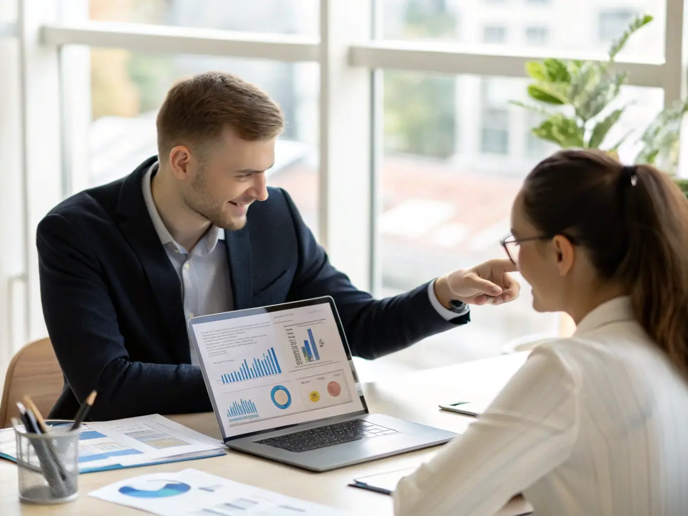 A graph showing upward trends in the South African market, with a business coach pointing to key data points and explaining market analysis to a client in a professional setting.